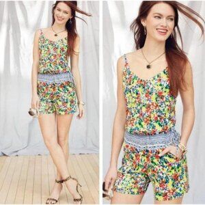 Cabi Multicolor Fiesta Yellow Red Blue Floral Button Sleeveless Romper Sz Small